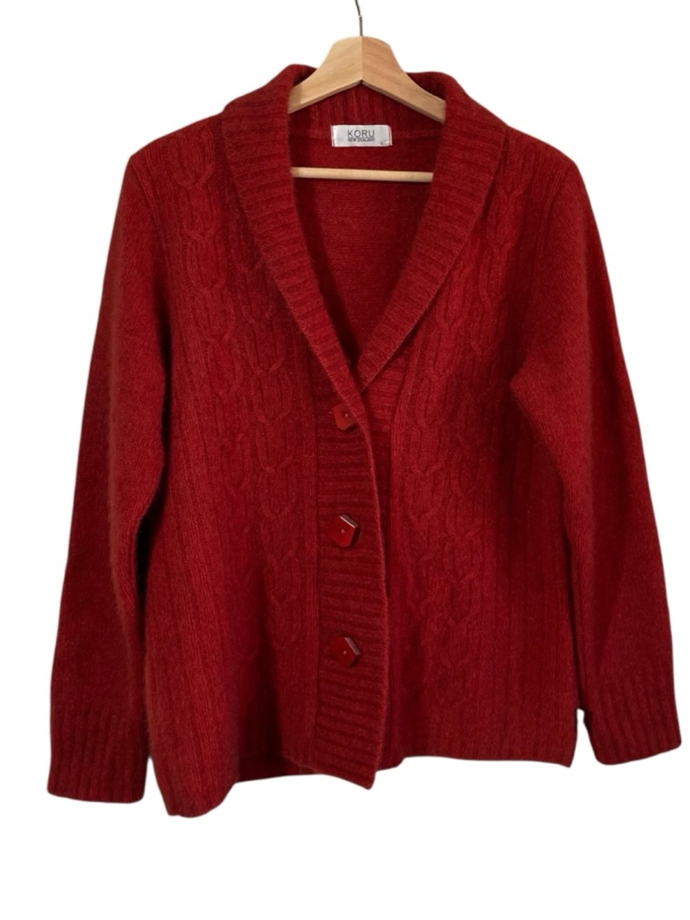 KORU Merino Wool, Possum Fur, Silk Knit Red Cable Shawl Collar Cardigan Sweater